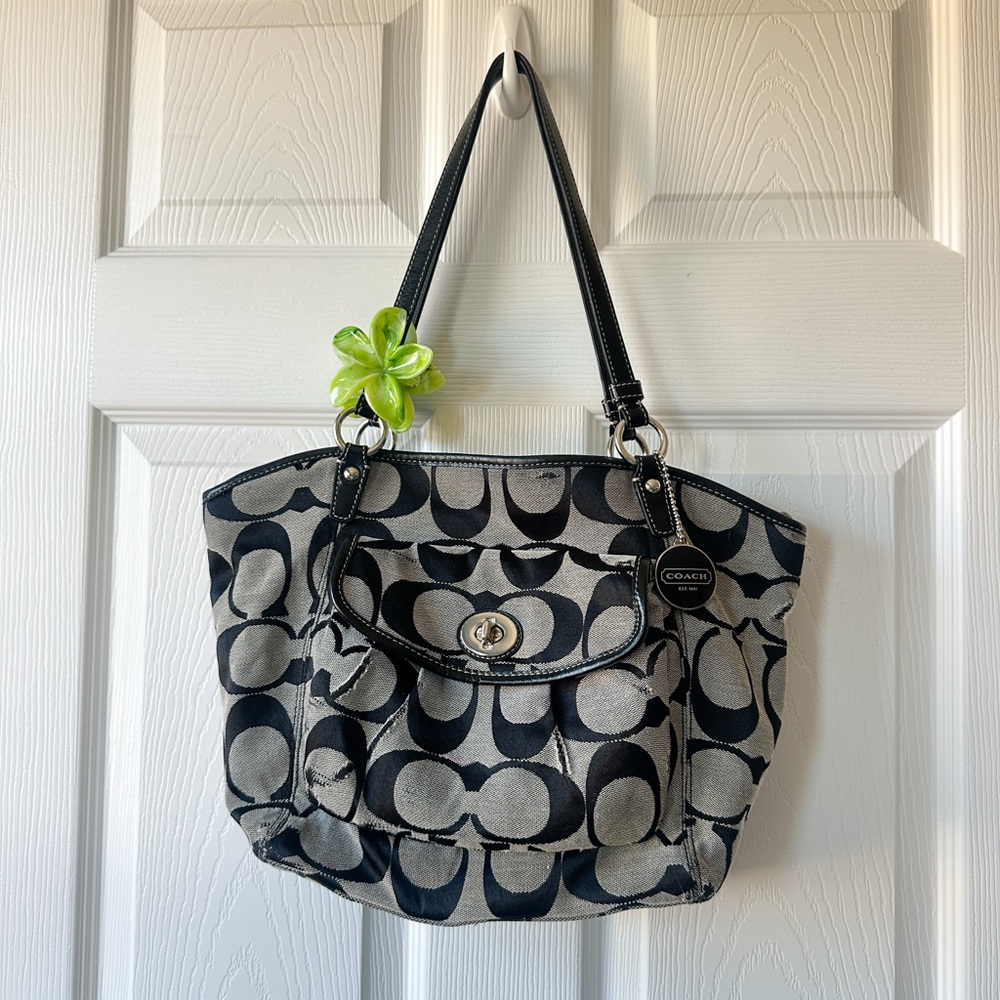 Coach Black and Gray Signature Tote with Front Pocket